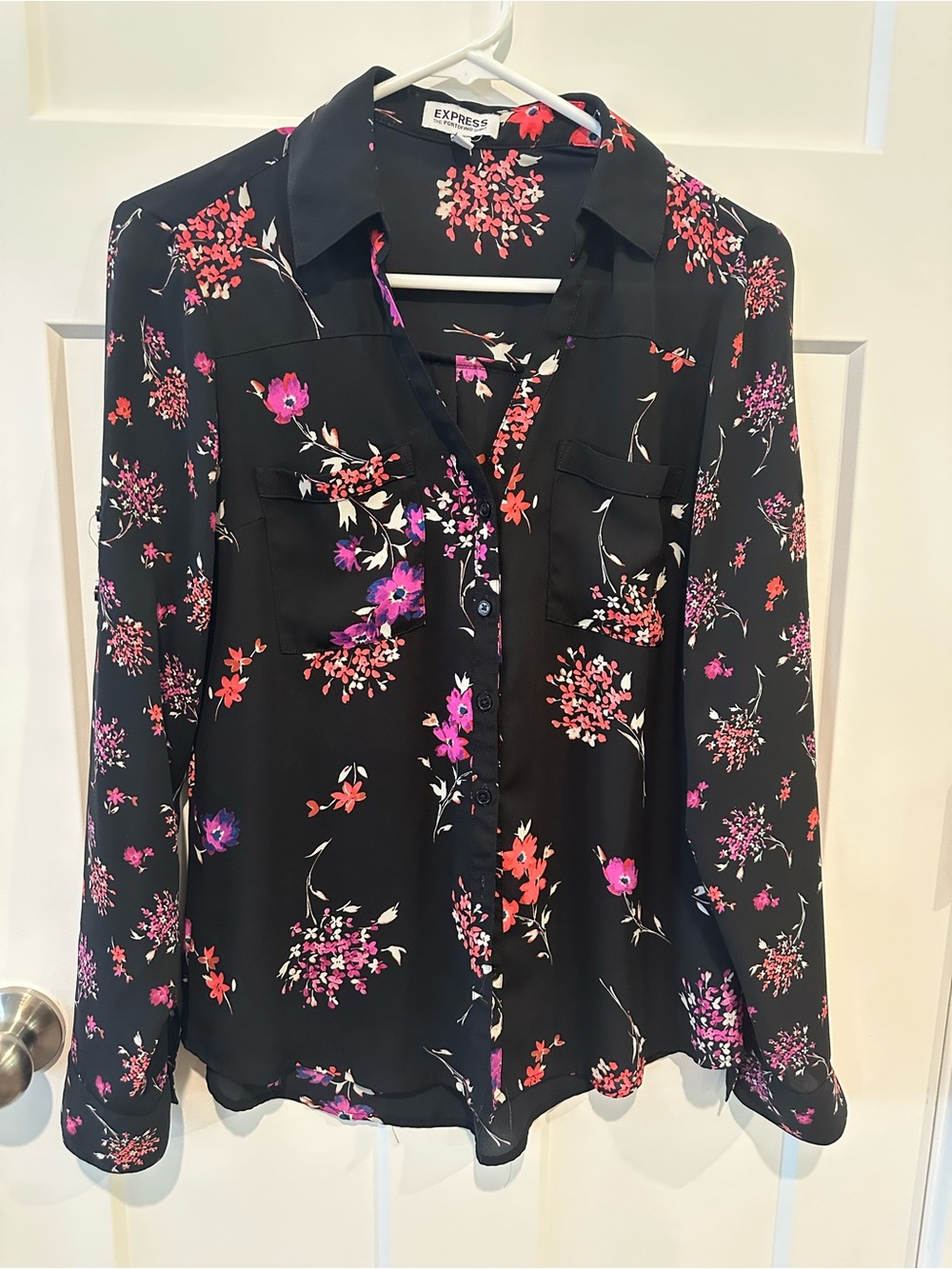 Express Black Floral Button-Down Shirt with Pink & Red Accents